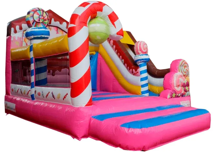Hüpfburg Candy in Pink mit Zuckerstangen, Lollis und Rutsche