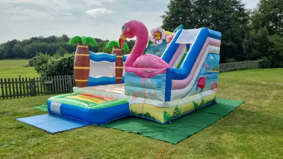 Strandparty von der Seite mit Flamingo und Rutsche