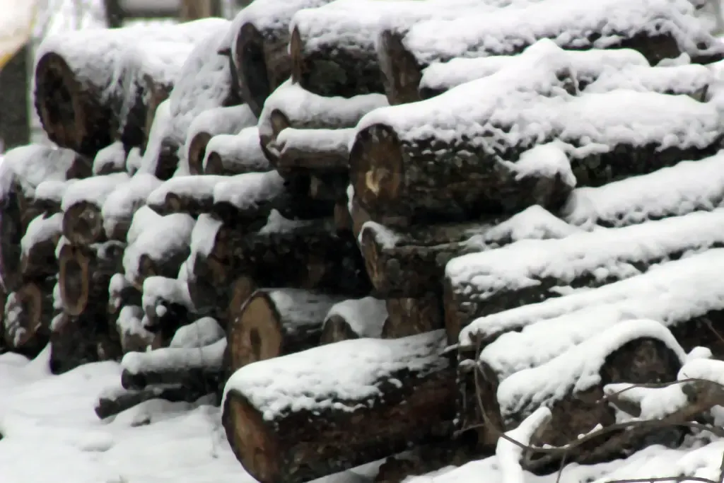 Verschneiter Stapel Brennholz im Winter